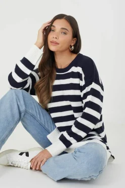 Oversized Jumpers*Brave Soul Fine Stripe Oversized Knitted Jumper Dark Navy