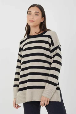 Oversized Jumpers*Brave Soul Fine Stripe Oversized Knitted Jumper Taupe