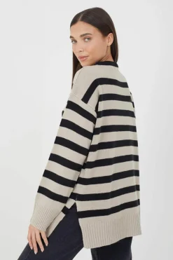Oversized Jumpers*Brave Soul Fine Stripe Oversized Knitted Jumper Taupe