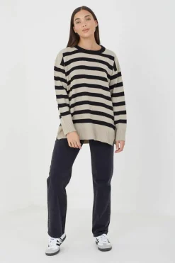 Oversized Jumpers*Brave Soul Fine Stripe Oversized Knitted Jumper Taupe