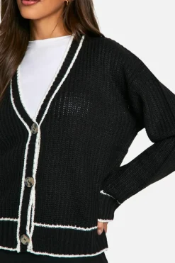 Cardigans*boohoo Fisherman Knitted Contrast Piping Cardigan black