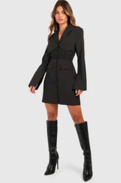 Blazer Dresses*boohoo Fitted Corset Waist Tailored Blazer Dress black
