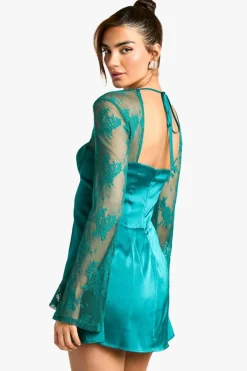 Mini Dresses|Long Sleeve Dresses*boohoo Flare Sleeve Lace Mini Dress green