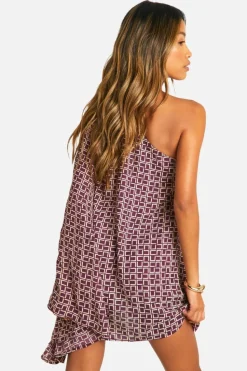Smock Dresses*boohoo Flare Sleeve Printed Satin Mini Dress chocolate