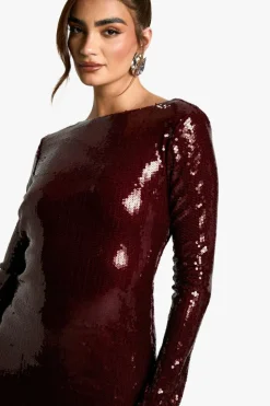 Maxi Dresses*boohoo Flare Sleeve Tie Back Column Sequin Maxi Dress red