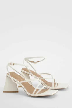 Sandals|Heels*boohoo Flared Heel Patent Cross Strap Heeled Sandals white