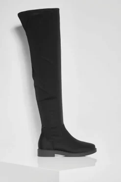 Over The Knee Boots|Flat Boots*boohoo Flat Stretch Over The Knee Boots black