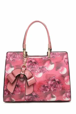 Shoulder Bags|Tote Bags*Kitise Flor Bow Charm Patent Leather Floral Print Tote Shoulder Bag Pink
