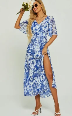 Wrap Dresses*FS Collection Flora Print Angel Sleeve Wrap Split Midi Dress In Blue