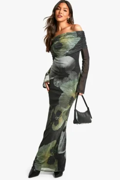 Maxi Dresses*boohoo Floral Bardot Mesh Maxi Dress green