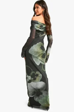 Maxi Dresses*boohoo Floral Bardot Mesh Maxi Dress green