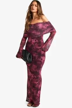 Maxi Dresses|Long Sleeve Dresses*boohoo Floral Bardot Mesh Maxi Dress plum
