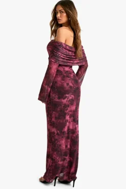 Maxi Dresses|Long Sleeve Dresses*boohoo Floral Bardot Mesh Maxi Dress plum