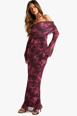 Maxi Dresses|Long Sleeve Dresses*boohoo Floral Bardot Mesh Maxi Dress plum