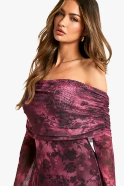 Maxi Dresses|Long Sleeve Dresses*boohoo Floral Bardot Mesh Maxi Dress plum