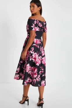Midi Dresses*Quiz Floral Bardot Skater Midi Dress Black
