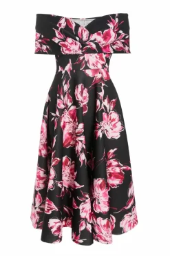 Midi Dresses*Quiz Floral Bardot Skater Midi Dress Black