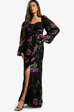 Skater Dresses*boohoo Floral Burnout Milkmaid Maxi Dress black
