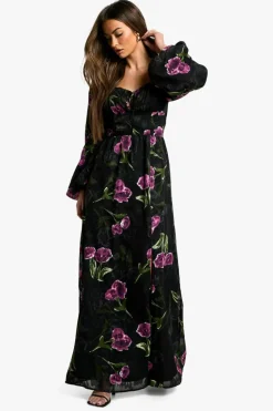 Skater Dresses*boohoo Floral Burnout Milkmaid Maxi Dress black
