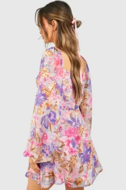 Skater Dresses*boohoo Floral Chiffon Balloon Sleeve Milkmaid Mini Dress multi