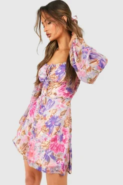 Skater Dresses*boohoo Floral Chiffon Balloon Sleeve Milkmaid Mini Dress multi