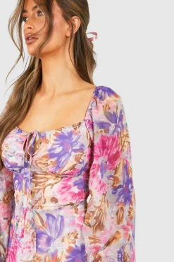 Skater Dresses*boohoo Floral Chiffon Balloon Sleeve Milkmaid Mini Dress multi