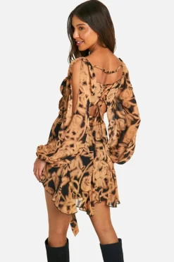 Wrap Dresses|Skater Dresses*boohoo Floral Chiffon Lace Back Puff Sleeve Wrap Skater Dress black
