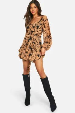 Wrap Dresses|Skater Dresses*boohoo Floral Chiffon Lace Back Puff Sleeve Wrap Skater Dress black