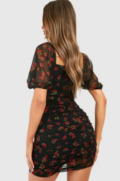Mini Dresses*boohoo Floral Chiffon Ruched Mini Dress black