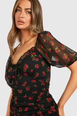 Mini Dresses*boohoo Floral Chiffon Ruched Mini Dress black