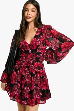 Skater Dresses|Mini Dresses*boohoo Floral Chiffon Ruched Waist Skater Dress black
