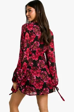 Skater Dresses|Mini Dresses*boohoo Floral Chiffon Ruched Waist Skater Dress black
