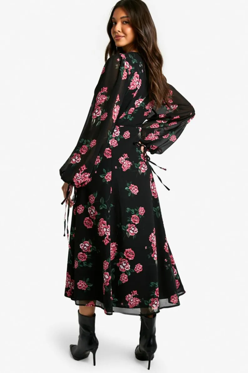 Skater Dresses*boohoo Floral Chiffon Ruched Waist Midaxi Dress black