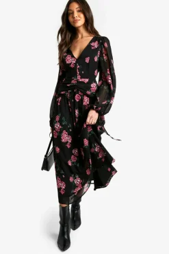 Skater Dresses*boohoo Floral Chiffon Ruched Waist Midaxi Dress black