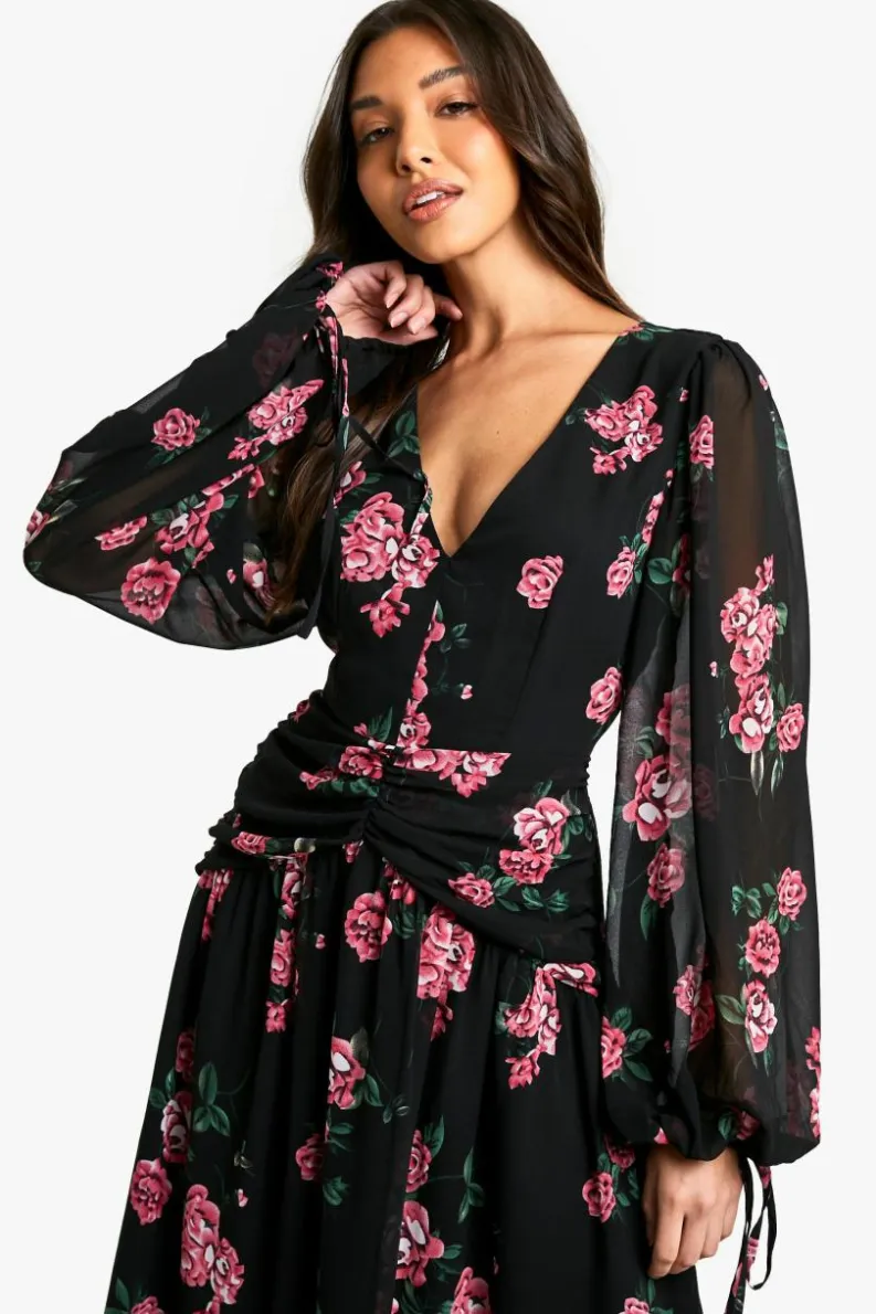 Skater Dresses*boohoo Floral Chiffon Ruched Waist Midaxi Dress black