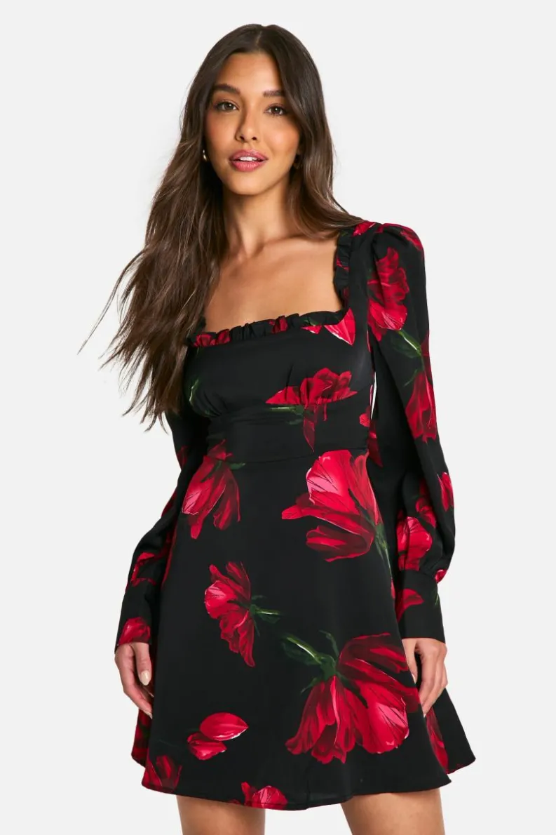 Skater Dresses|Mini Dresses*boohoo Floral Corset Milkmaid Mini Dress black