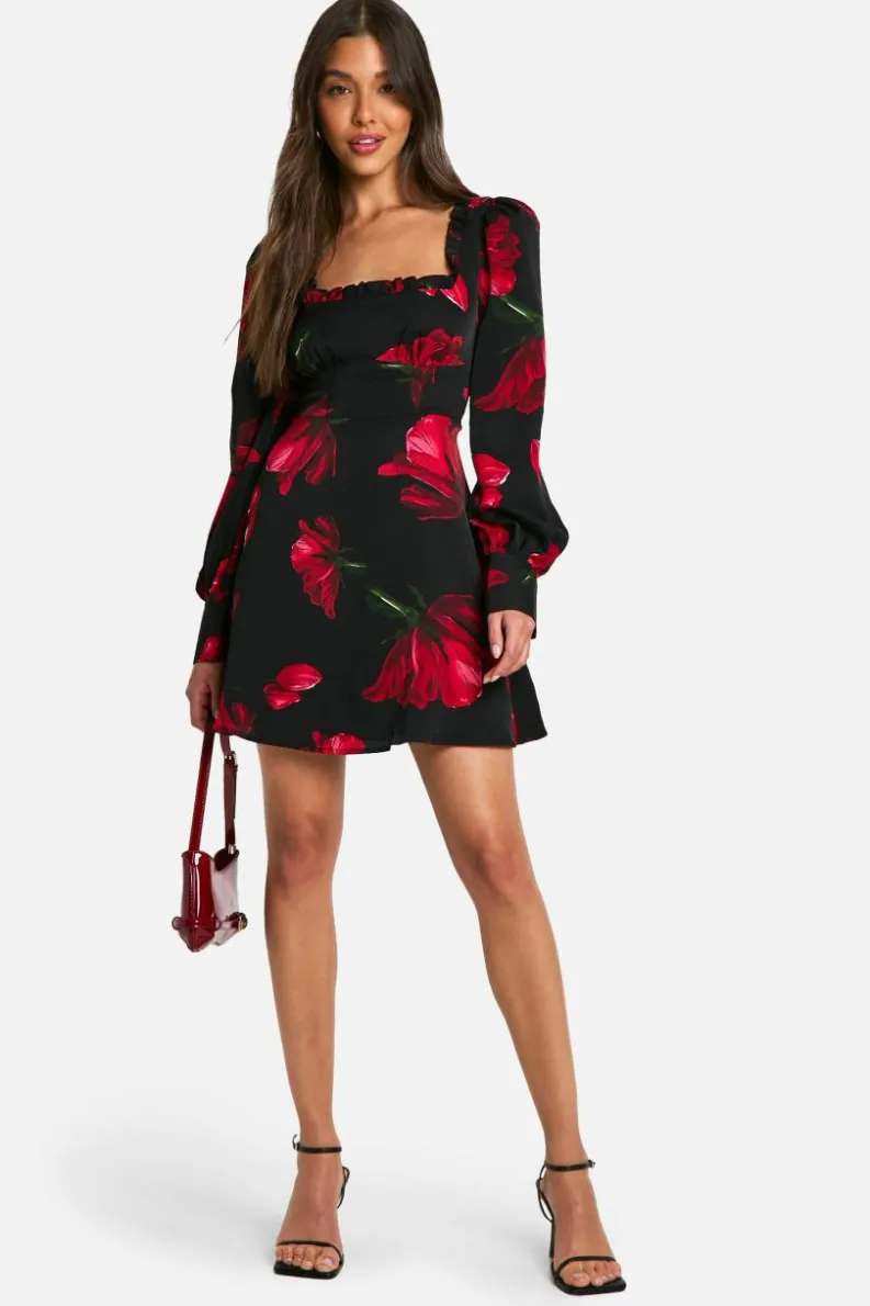 Skater Dresses|Mini Dresses*boohoo Floral Corset Milkmaid Mini Dress black