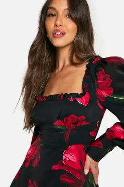 Skater Dresses|Mini Dresses*boohoo Floral Corset Milkmaid Mini Dress black