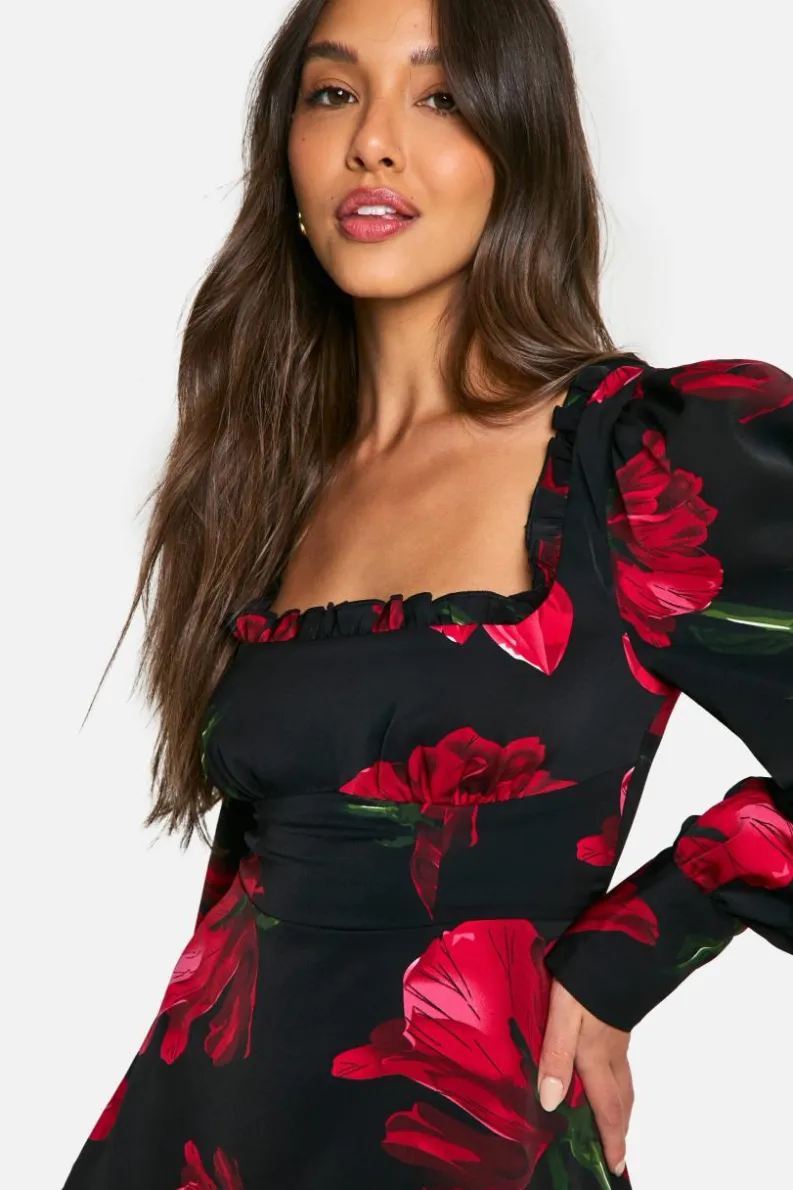 Skater Dresses|Mini Dresses*boohoo Floral Corset Milkmaid Mini Dress black