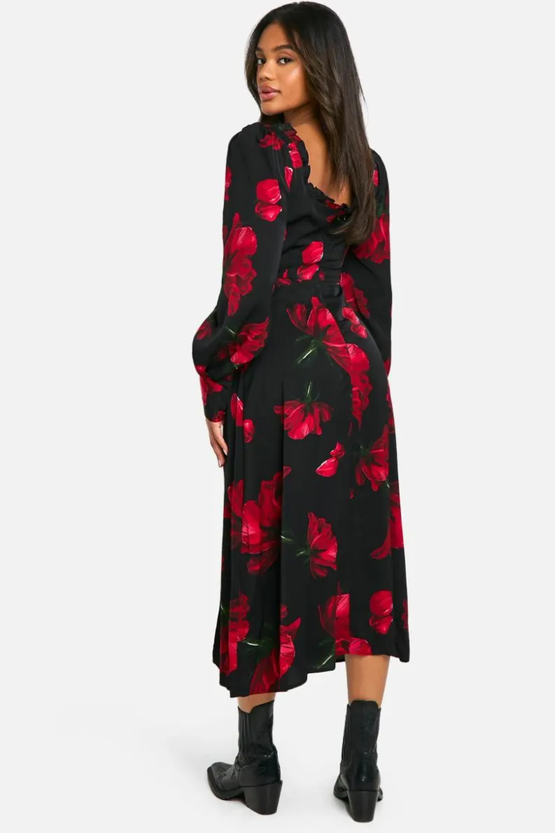 Skater Dresses|Mini Dresses*boohoo Floral Corset Milkmaid Midaxi Dress black