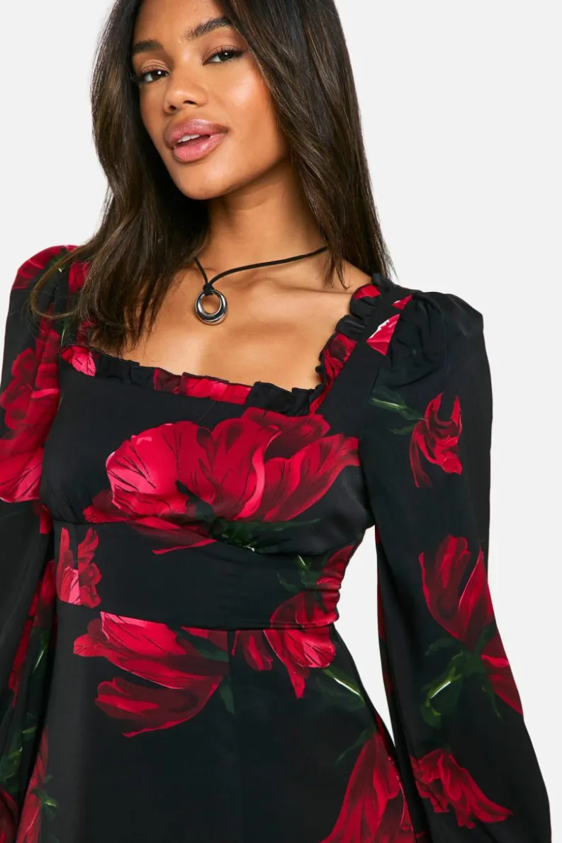 Skater Dresses|Mini Dresses*boohoo Floral Corset Milkmaid Midaxi Dress black