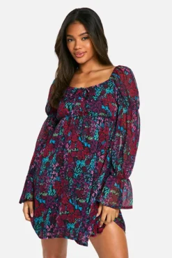 Smock Dresses*boohoo Floral Crinkle Chiffon Long Sleeve Smock Dress multi