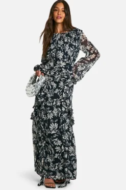 Maxi Dresses*boohoo Floral Crinkle Chiffon Ruffle Maxi Dress black