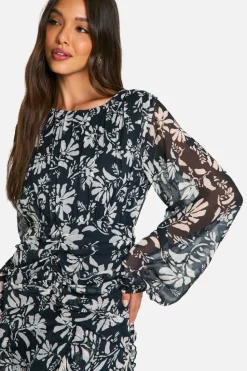 Maxi Dresses*boohoo Floral Crinkle Chiffon Ruffle Maxi Dress black