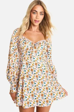 Skater Dresses*boohoo Floral Crochet Trim Puff Sleeve Milkmaid Skater Dress pink