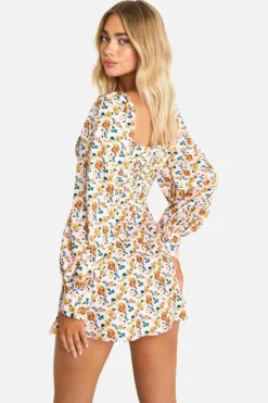 Skater Dresses*boohoo Floral Crochet Trim Puff Sleeve Milkmaid Skater Dress pink