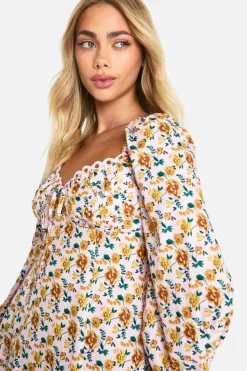 Skater Dresses*boohoo Floral Crochet Trim Puff Sleeve Milkmaid Skater Dress pink