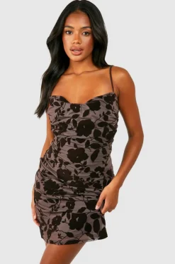 Cami Dresses*boohoo Floral Devore Cowl Mini Slip Dress chocolate