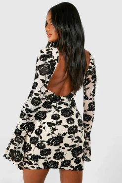 Bodycon Dresses*boohoo Floral Devore Flare Cuff Mini Dress cream