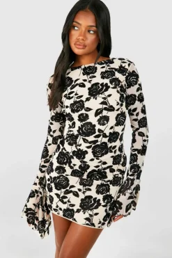Bodycon Dresses*boohoo Floral Devore Flare Cuff Mini Dress cream
